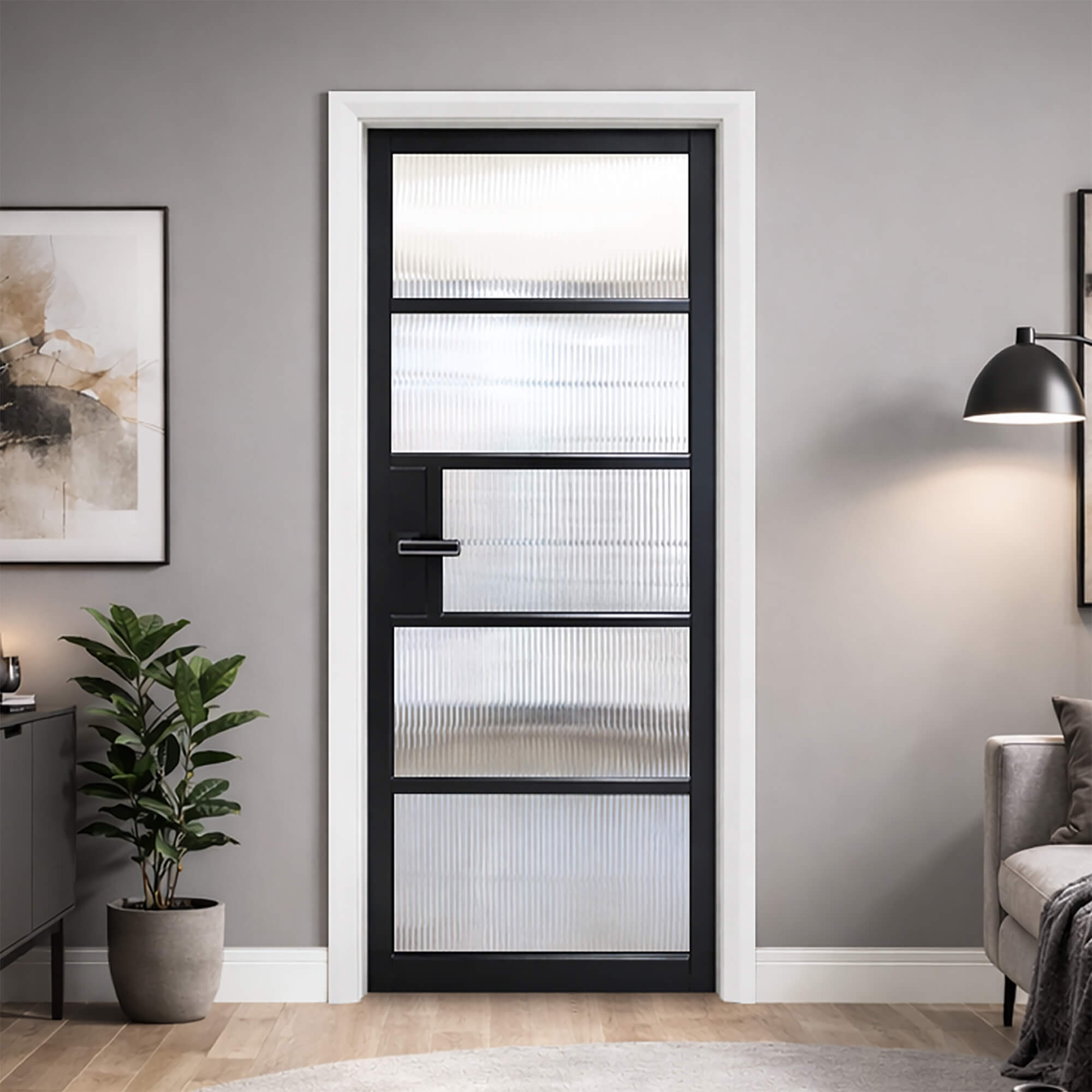 A Kew Black Primer Plus 5 Lite Reeded Glass Door in a living room interior setting