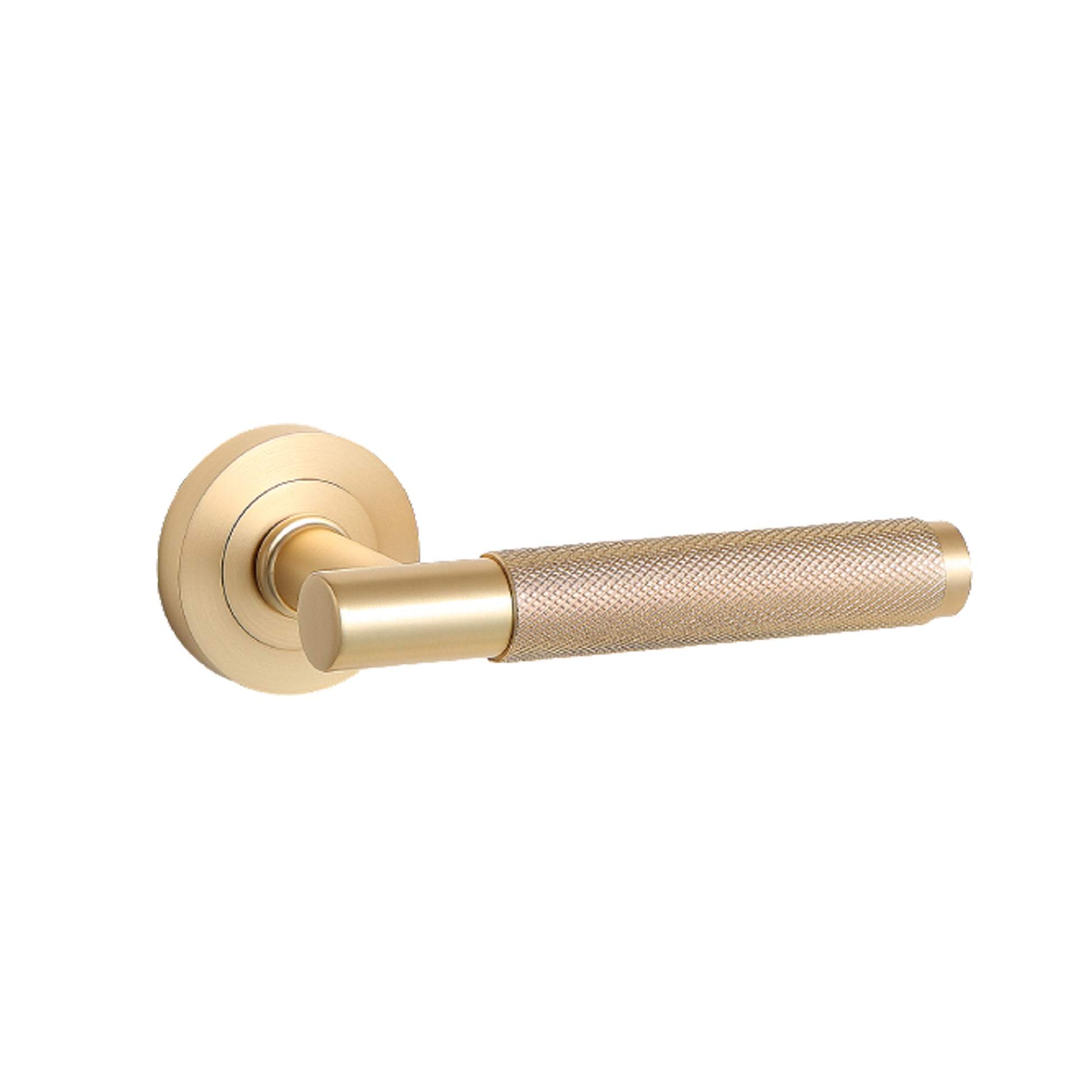 A Knurled Satin Brass door handle on a white background