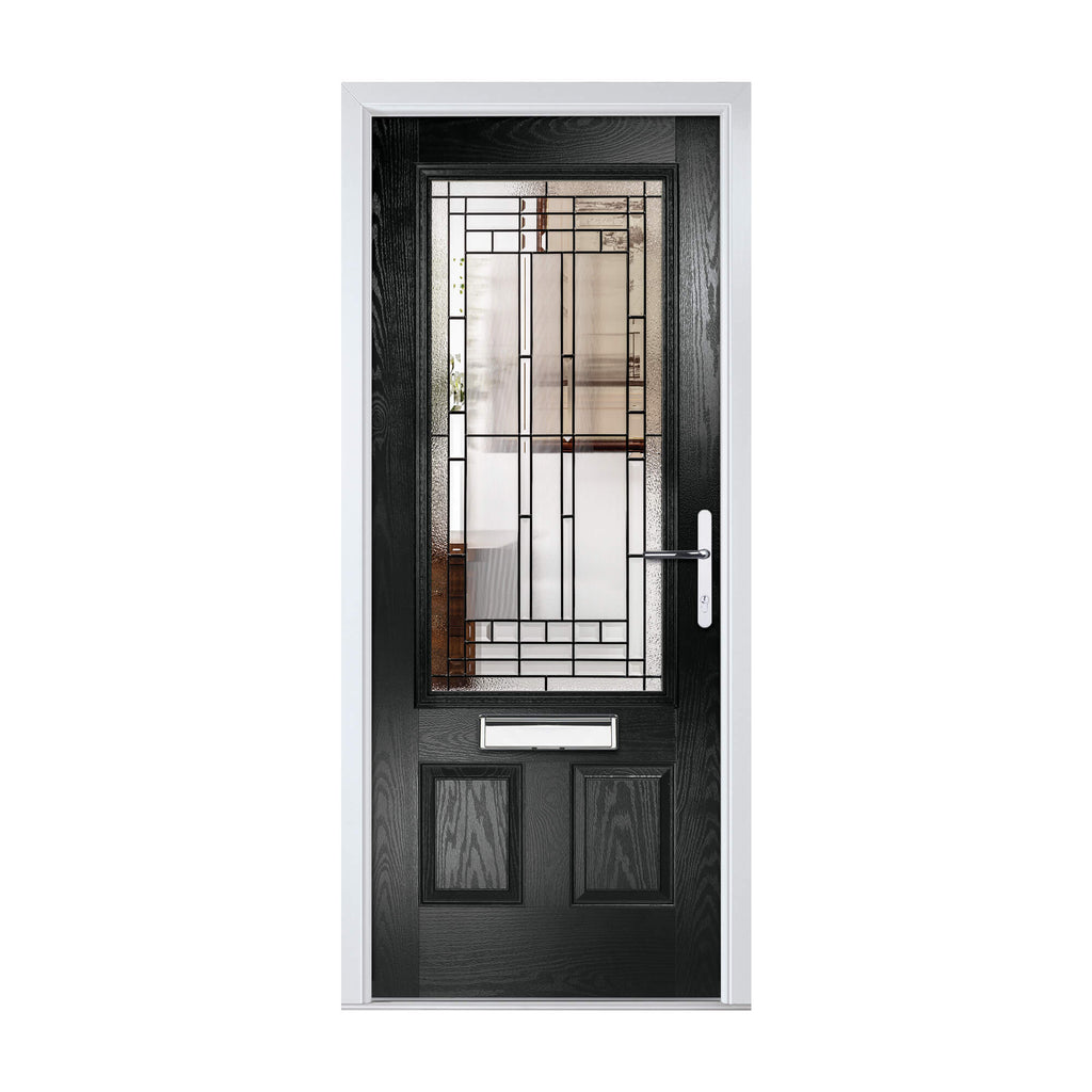 A Lincoln Composite GRP Door with a decorative glass panel and silver handle on a white background.
