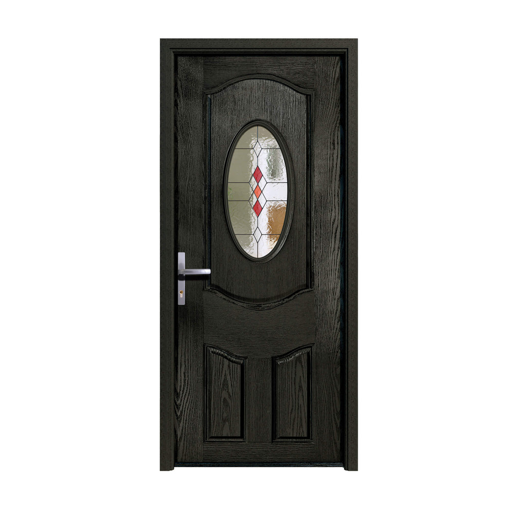 Black Ludlow Composite GRP Door with a decorative glass panel on a white background.