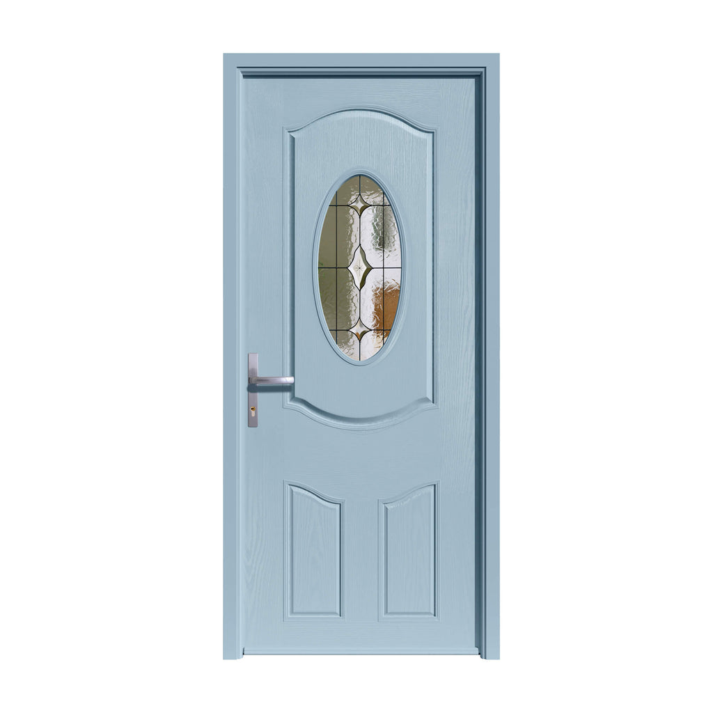 Light Blue Ludlow Composite GRP Door with a decorative glass panel on a white background.