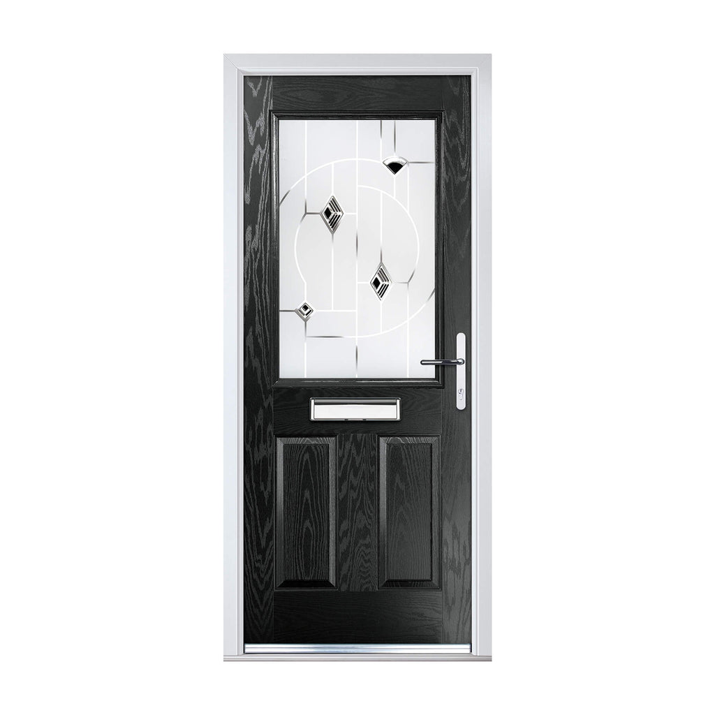 A Black Mayfair Composite GRP door with decorative glass panel on a white background