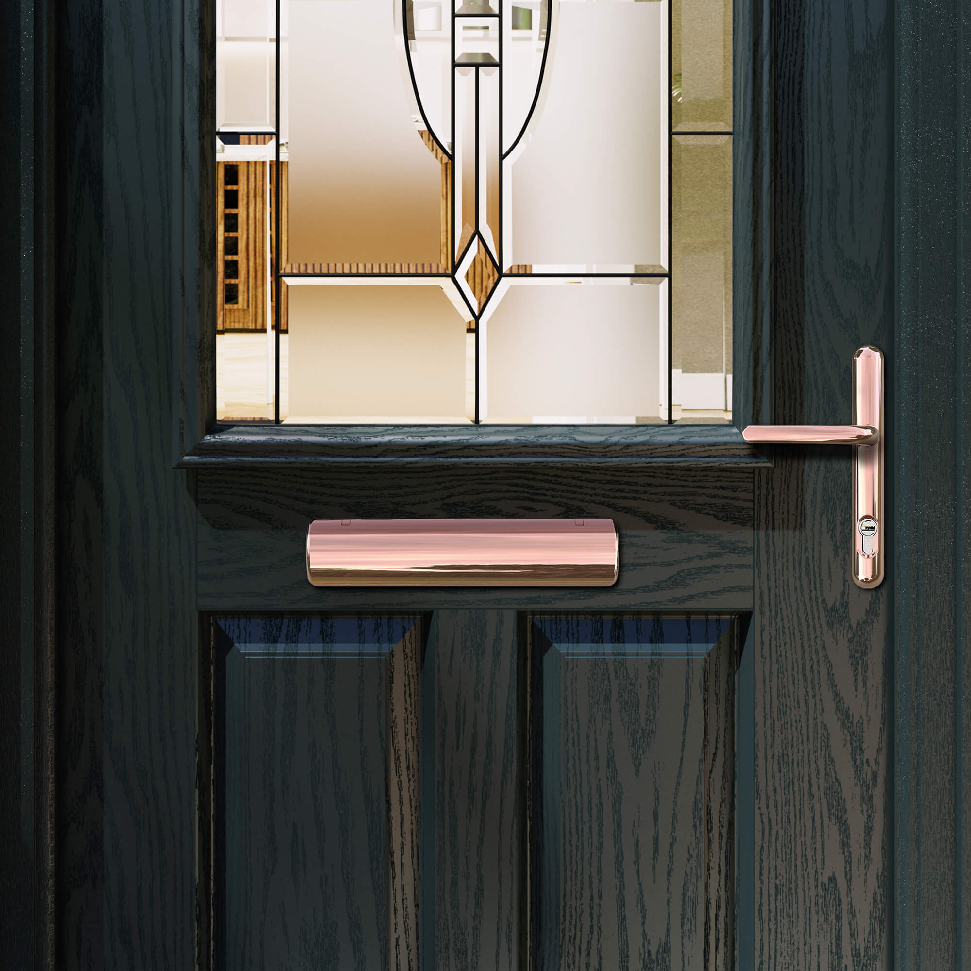 A close-up a Mayfair Composite GRP external door with rose gold handle, letter plate and decorative glass panel.