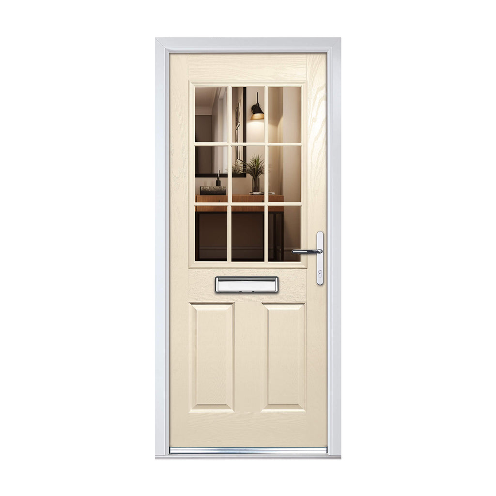 Beige Mayfair Composite GRP front door with glass panels on a white background