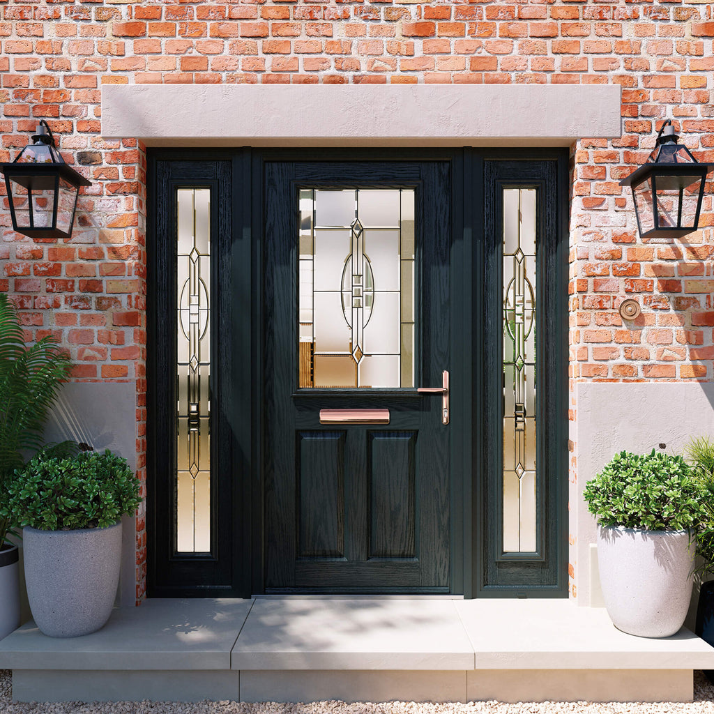 A black Mayfair Composite GRP front door with decorative glass panelled sidelights on a brick home exterior.