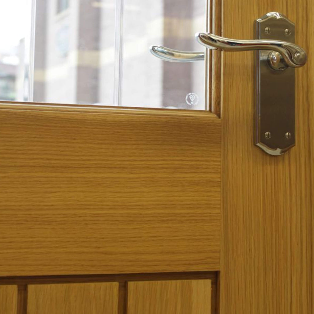 Close-up of a a Mexicano White Oak Door 1 Lite Pre-Glazed 40mm Internal Door  with Diamond-Cut Toughened glass, with a Monet Nickel Brushed & Polished Chrome Handle.
