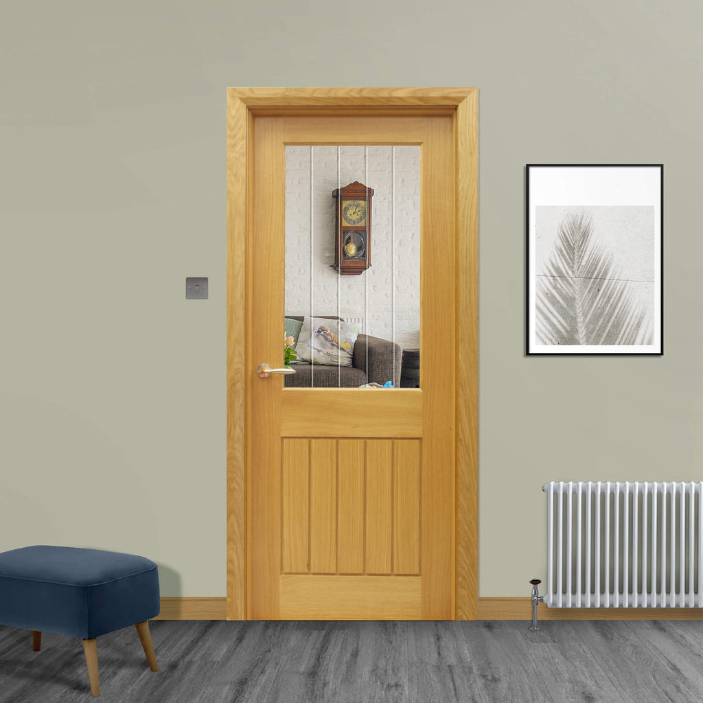 A Mexicano White Oak Door 1 Lite Pre-Glazed 40mm Internal Door  with Diamond-Cut Toughened glass in a home interior setting.