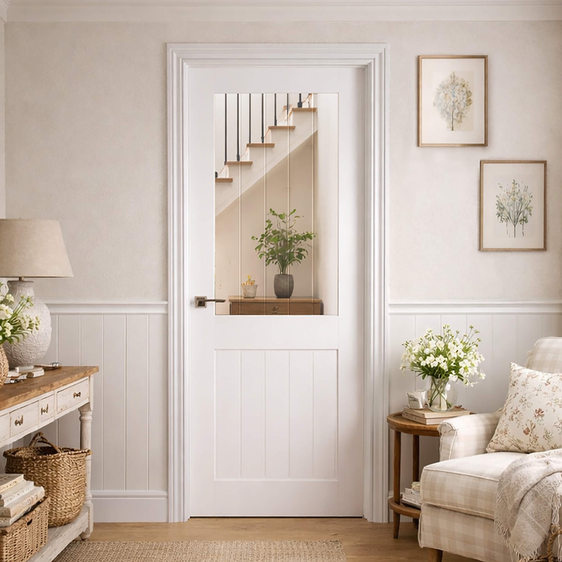 A Mexicano White Primed 40mm Internal Door in a traditional living room, looking into a hallway setting.