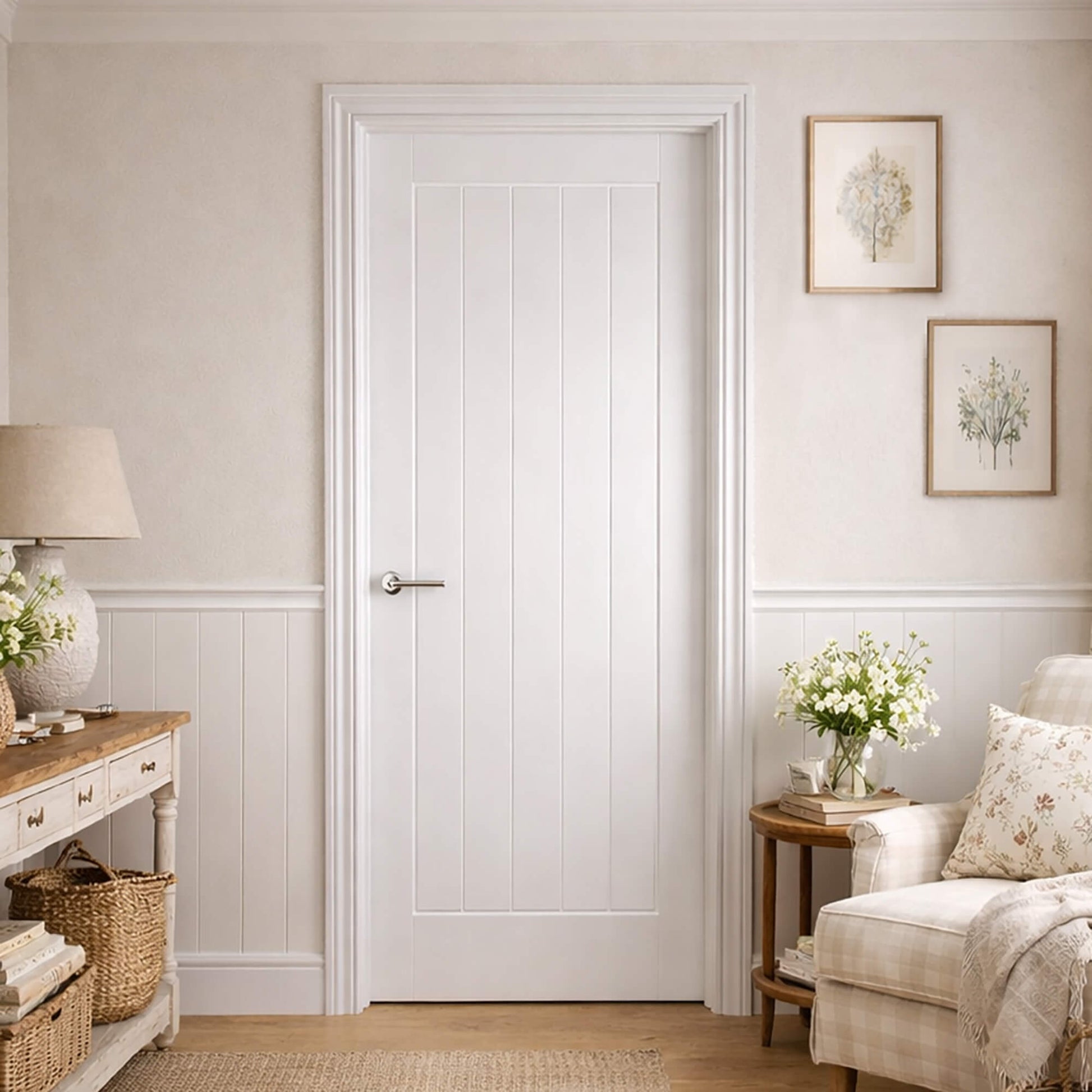 A Mexicano White Primed 40mm Internal Door in a traditional living room setting with a couch, lamp, and decorative items.