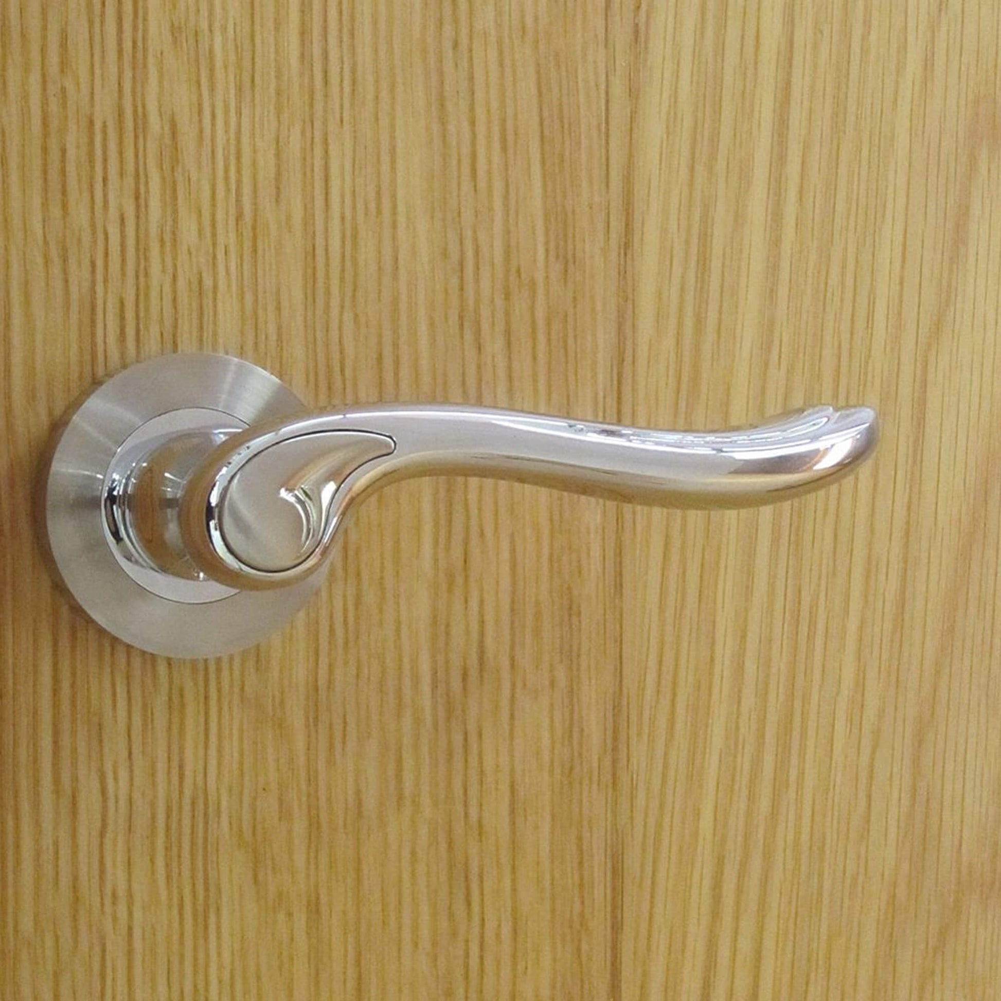 A Monet Nickel Brushed & Polished Chrome Handle on a wooden door