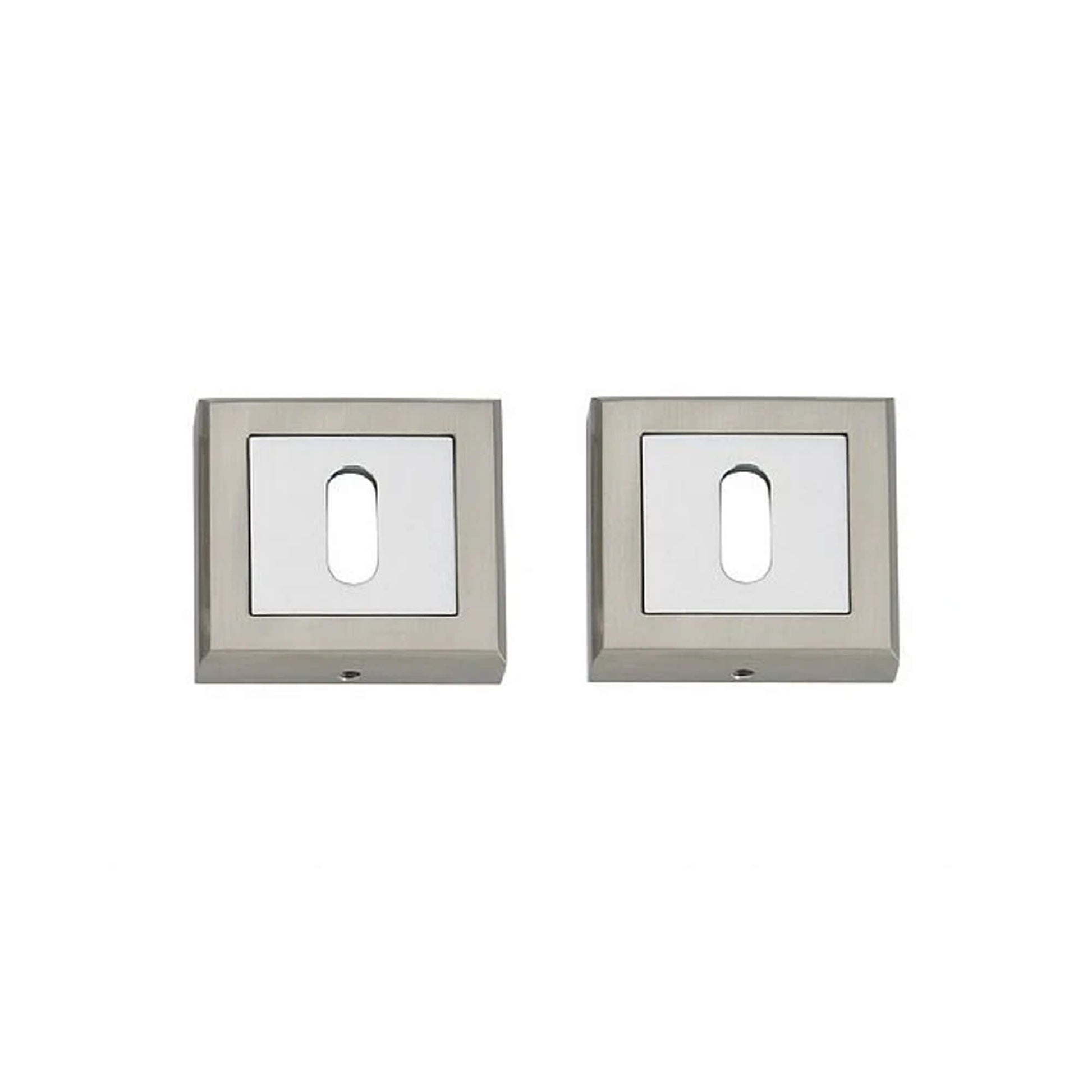 A Polished Chrome & Nickel Brushed Square Escutcheon Set on a white background.