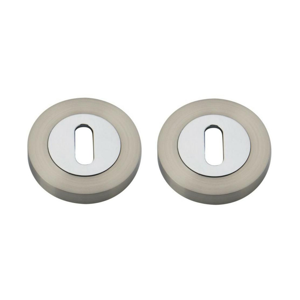 A Nickel Brushed & Polished Chrome Round Escutcheon Set on a white background