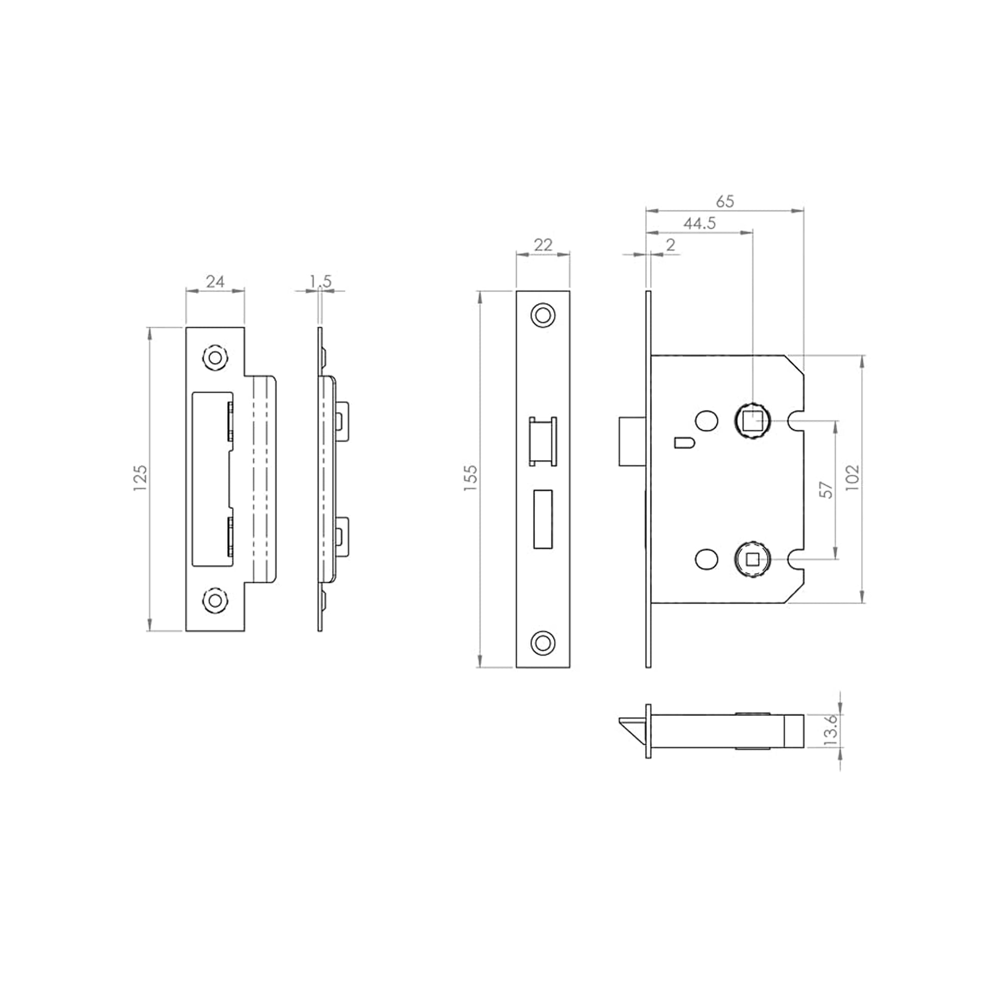 Technical drawing of a 65mm Nickel Plated Silver WC Bathroom Lock mechanism on a white background.