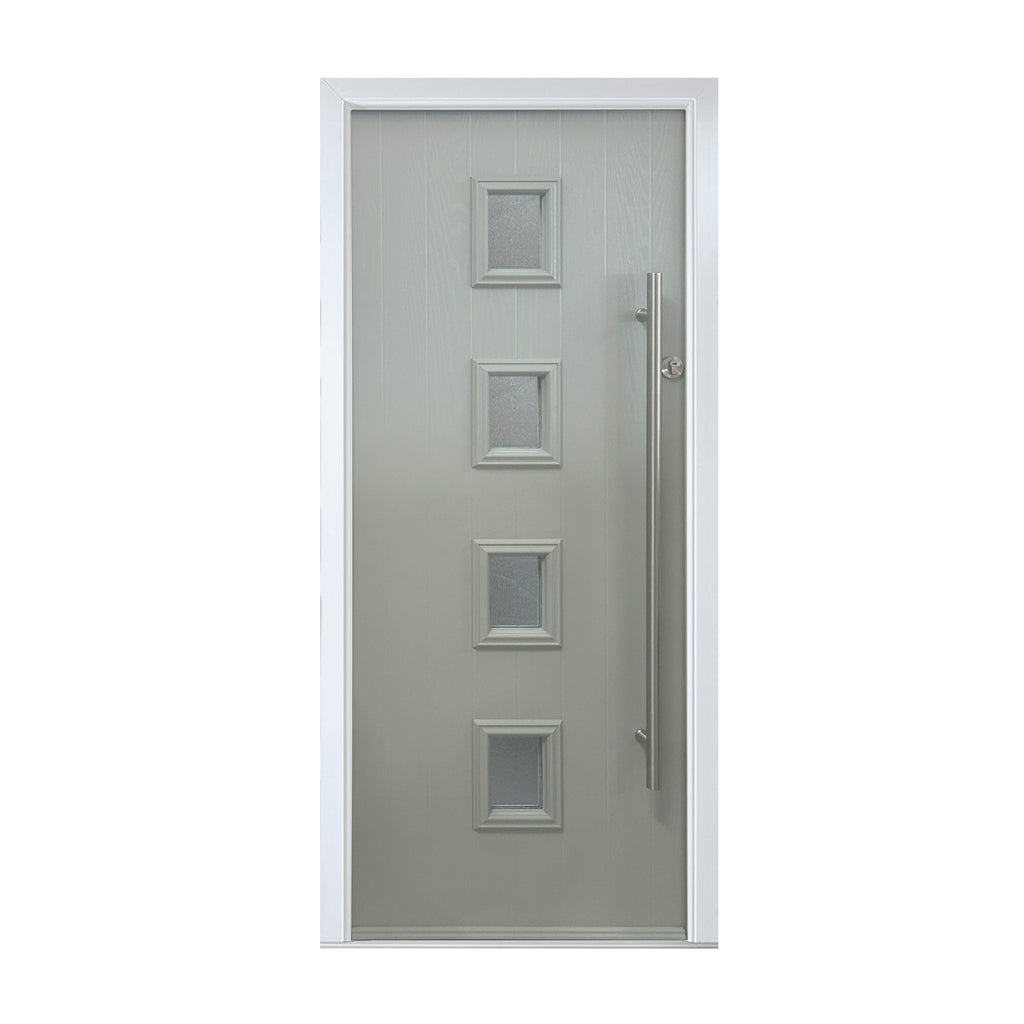 A Nimes Chartwell Green Composite GRP Door with four vertical square glass panels and a handle on a white background.