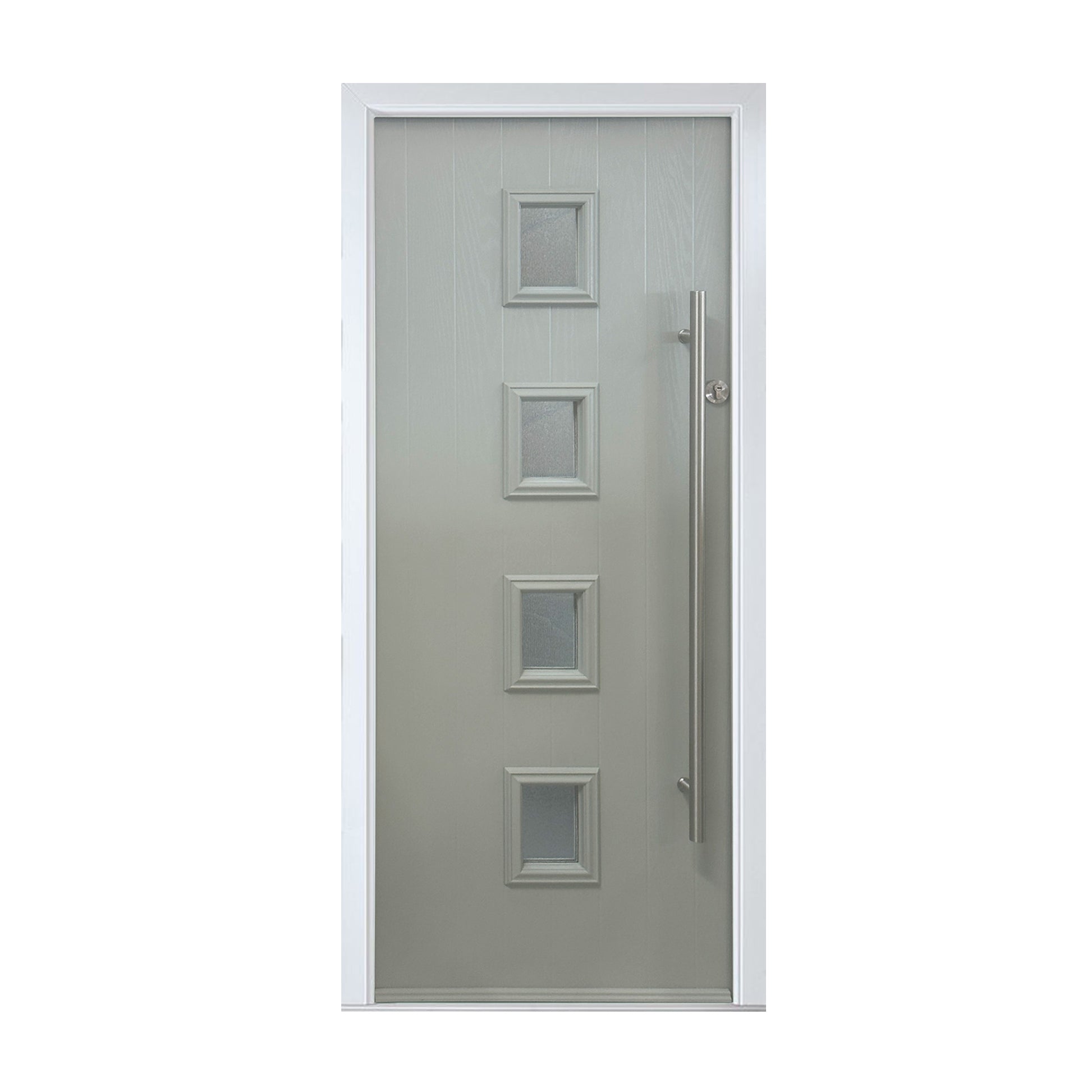 A Nimes Chartwell Green Composite GRP Door with four vertical square glass panels and a handle on a white background.