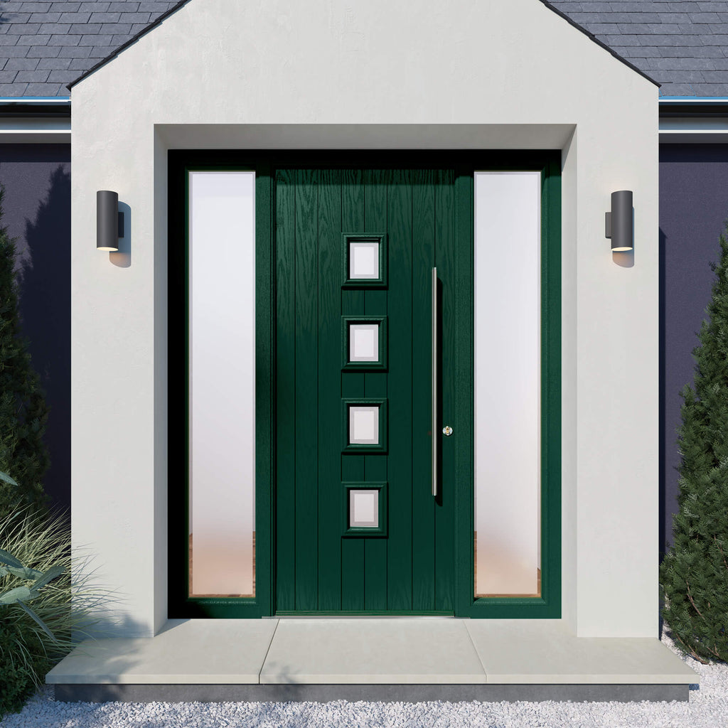 A dark green Nimes Cpmposite GRP external door with obscured glass panel sidelights on a white house exterior.