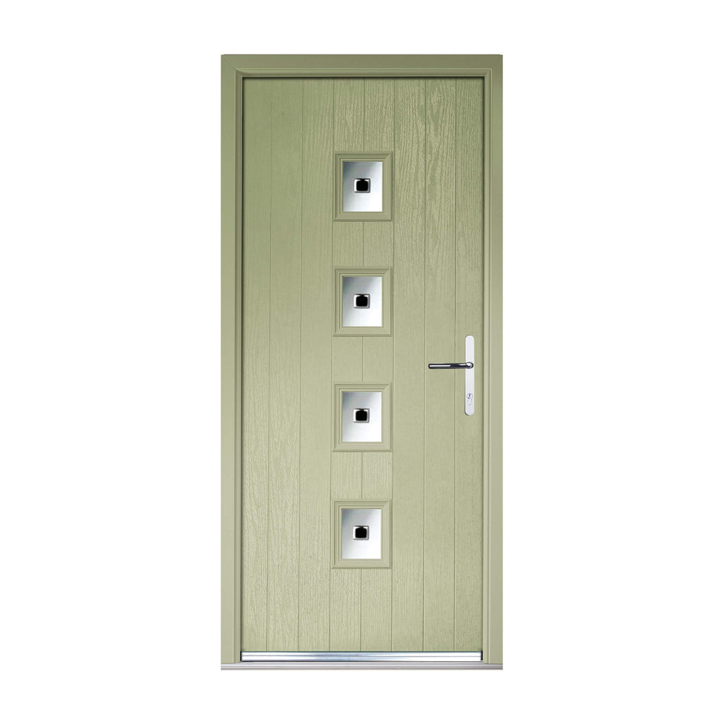A light green Composite GRP Door with four vertical decorative square glass panels and a handle on a white background.