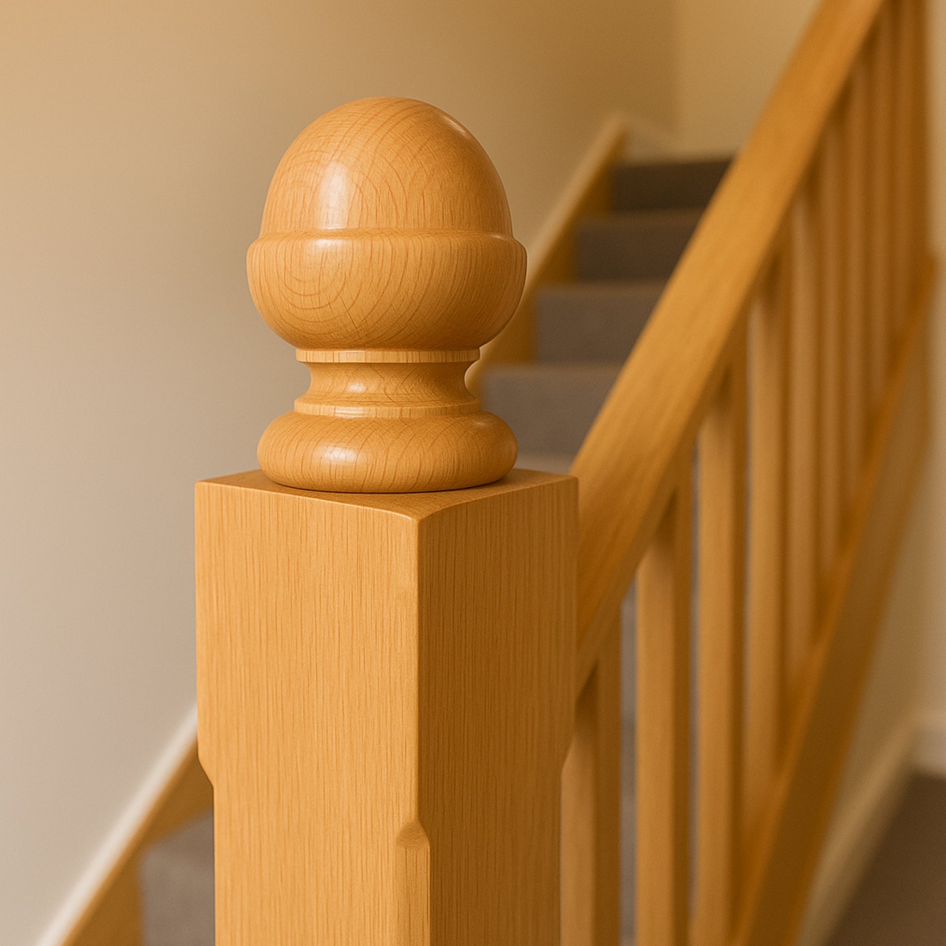 A Oak Acorn Newel Cap on an oak staircase with a neutral background