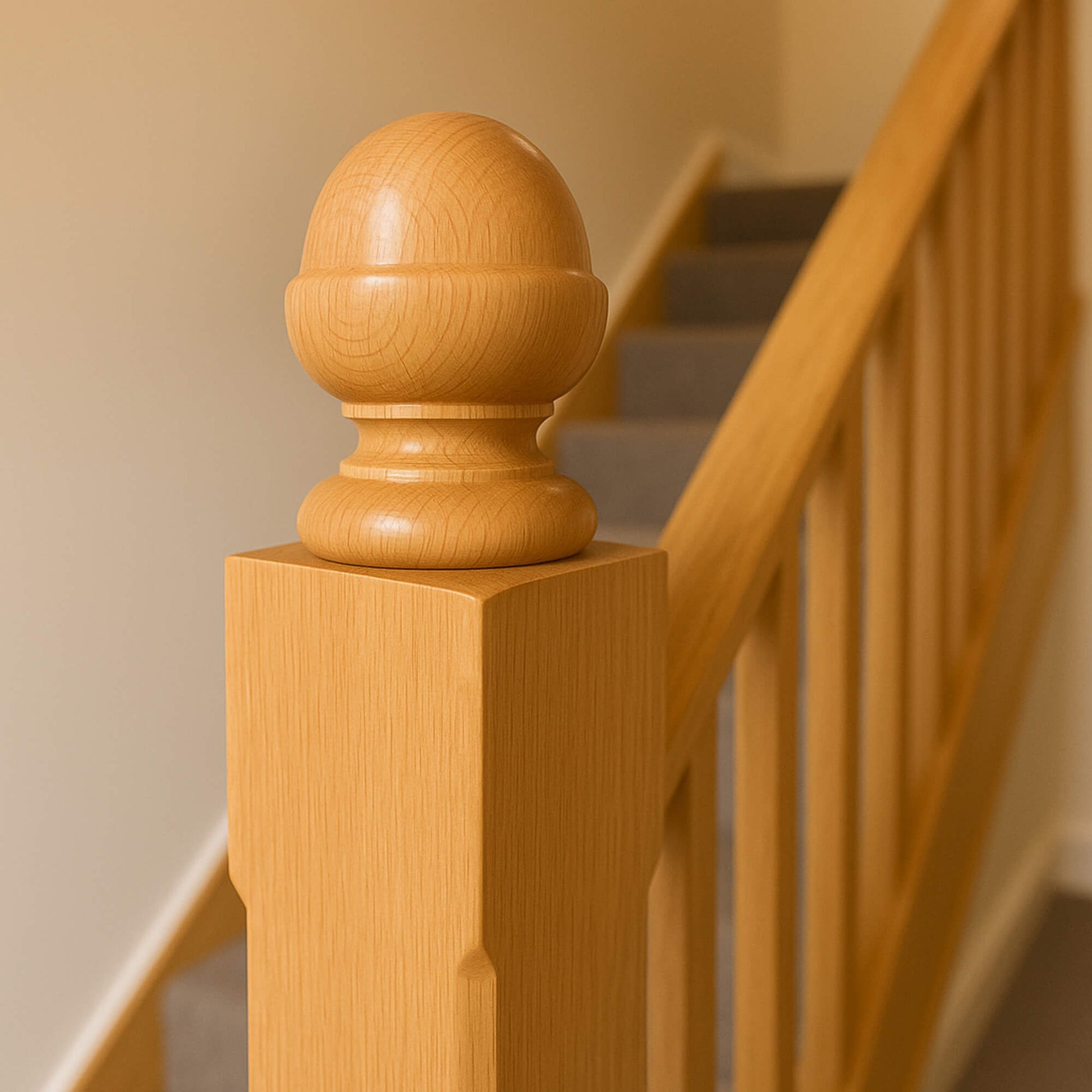 A Oak Acorn Newel Cap on an oak staircase with a neutral internal staircase background.