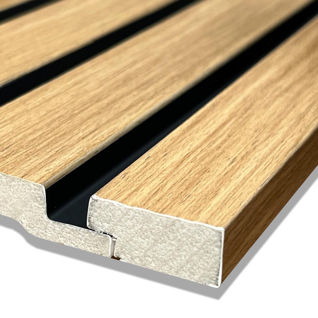 Close-up of an Oak Aqua Slatwall Left Trim connecting to a slatwall panel on a white background