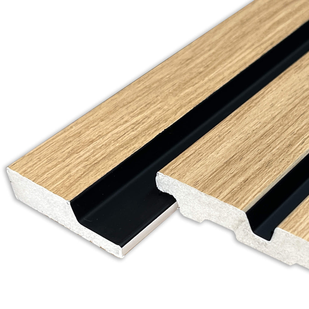 Close-up of Oak Aqua Slatwall Right Trim being positioned on an Oak Slatwall Panel on a white background