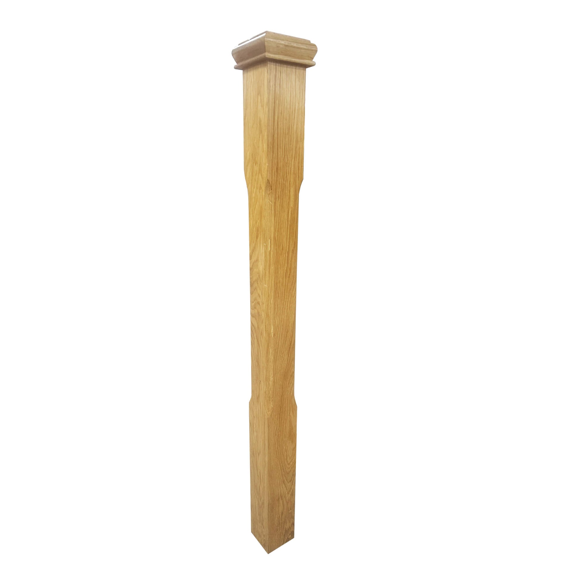 Angled view on an Oak Chamfered Newel Post with an oak pyramid newel cap on a white background.