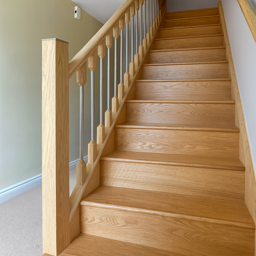 Oak Wooden staircase with handrail and newel post with Oak Insight Spindles in a home interior setting.
