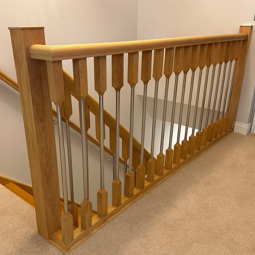 Wooden staircase railing with Oak Insight Spindles in a home setting