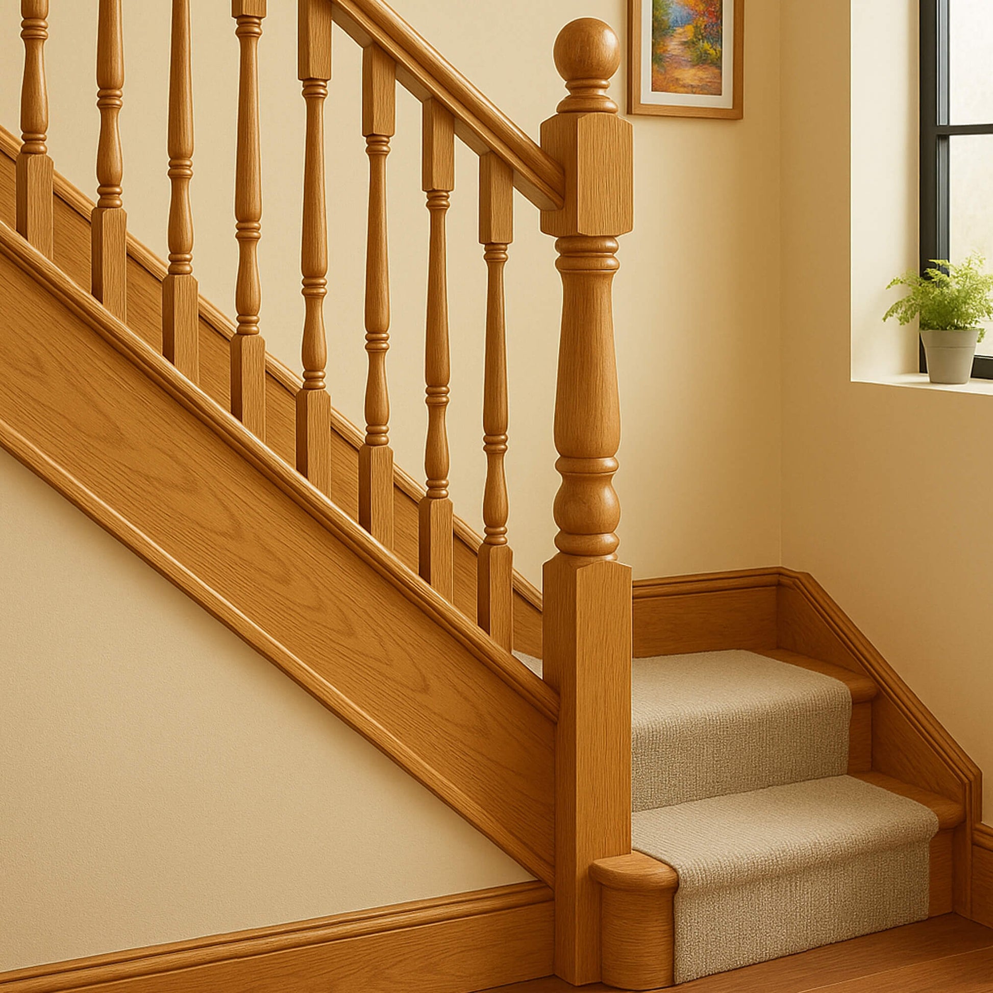 Oak Standard Newel Post on an oak staircase in a home interior setting