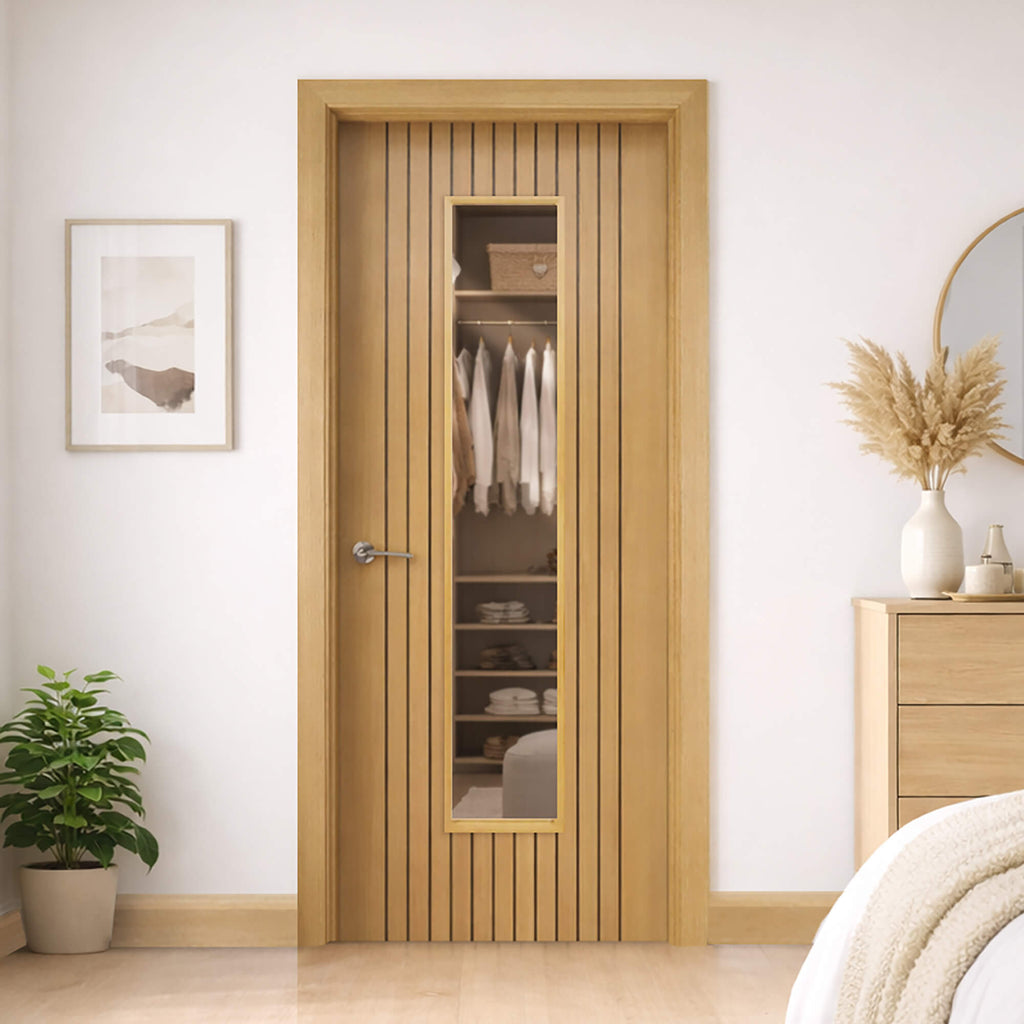 An Ottawa Olive Oak 1 Lite Pre-Glazed 35mm Laminate Door in a bedroom setting.