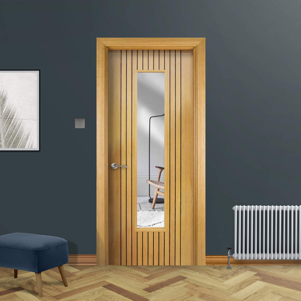 An Ottawa Olive Oak 1 Lite Pre-Glazed 35mm Laminate Door, with a storm handle, in a home interior setting.