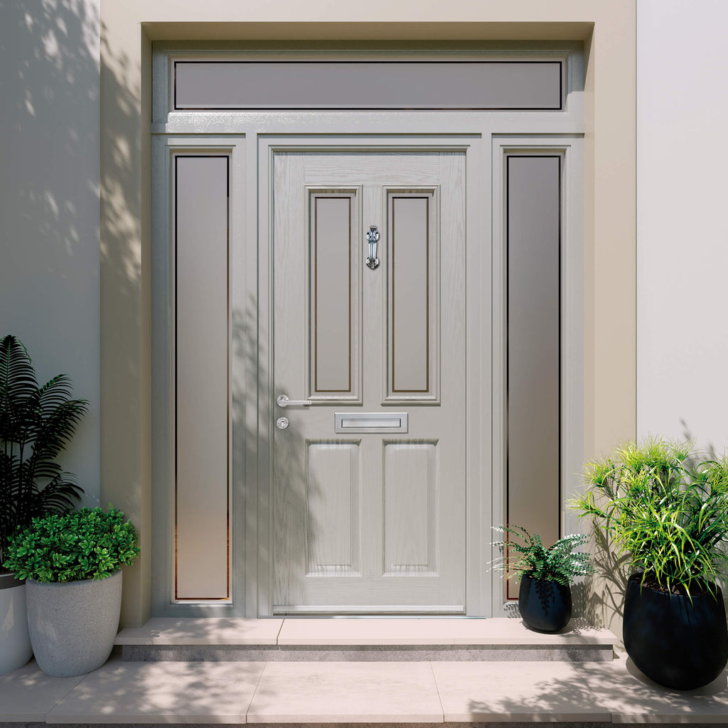 A Cartwell Green Oxford Composite GRP External Door with obscure glass panel sidelights on a home exterior.