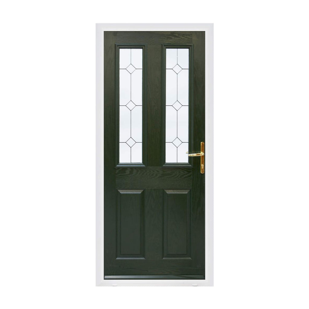 A dark green Oxford Composite GRP External Door with decorative glass panels and a gold handle on a white background
