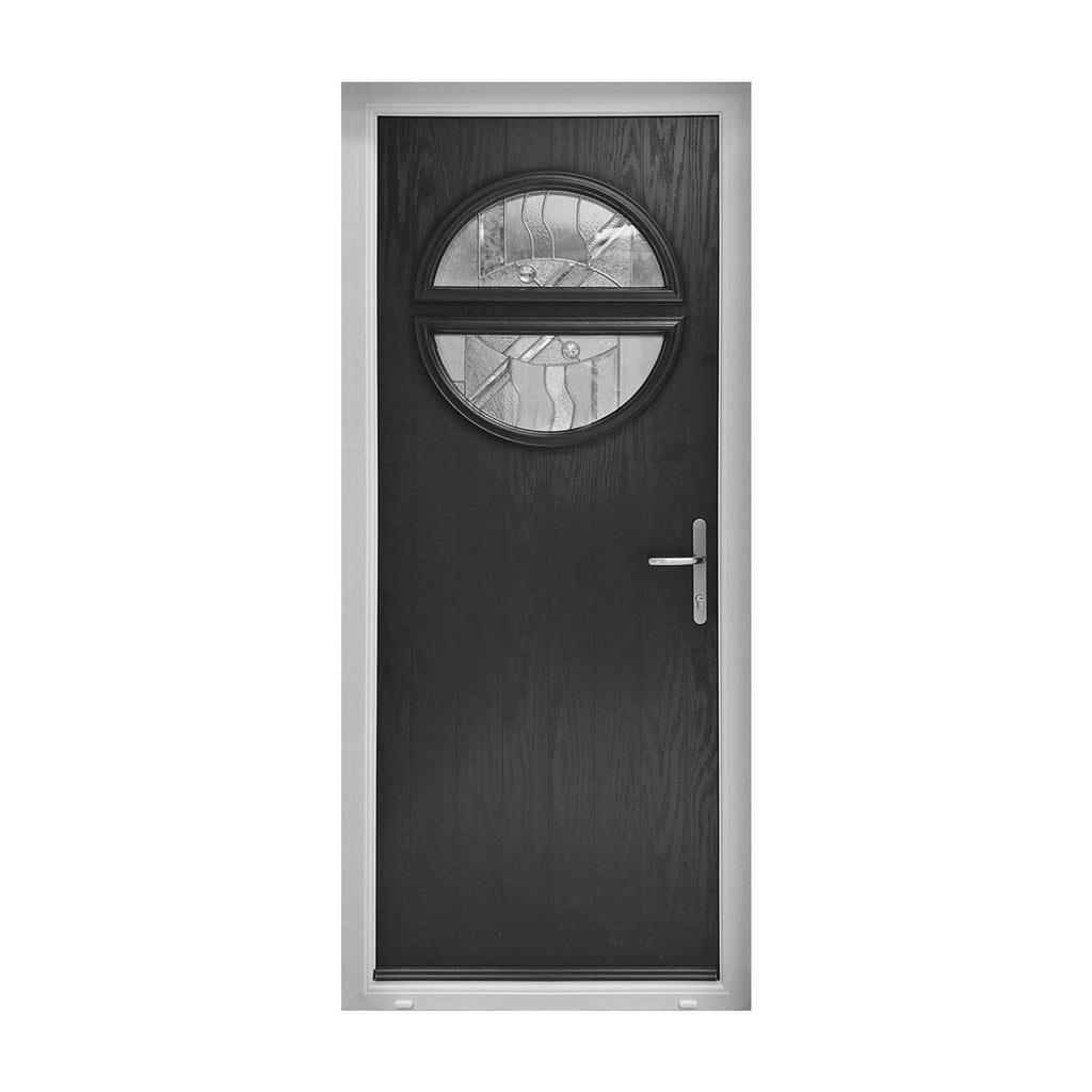 A Black Portsmouth Composite GRP External Door with a circular glass panel on a white background.