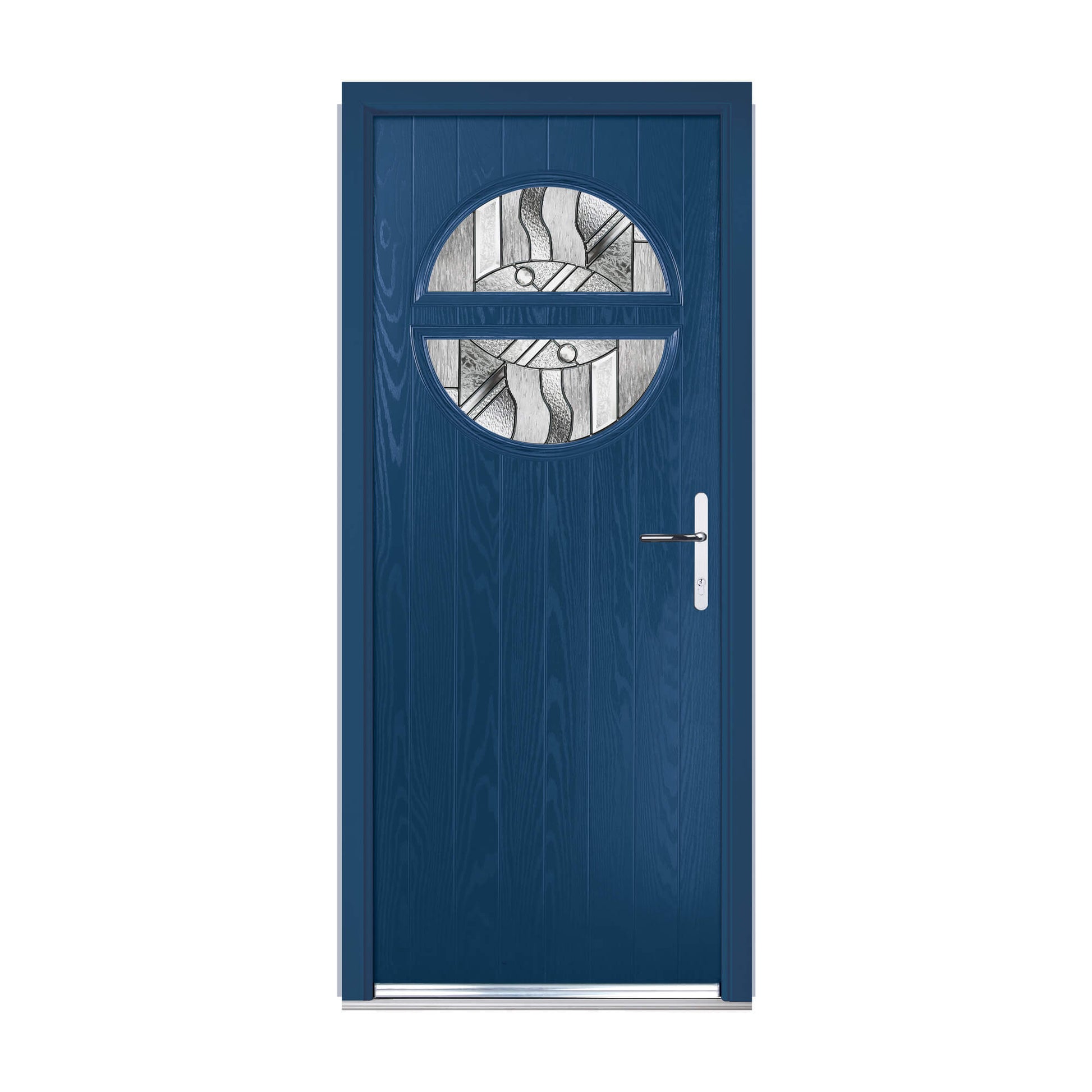 A Blue Portsmouth Composite GRP External Door with a circular glass panel on a white background.