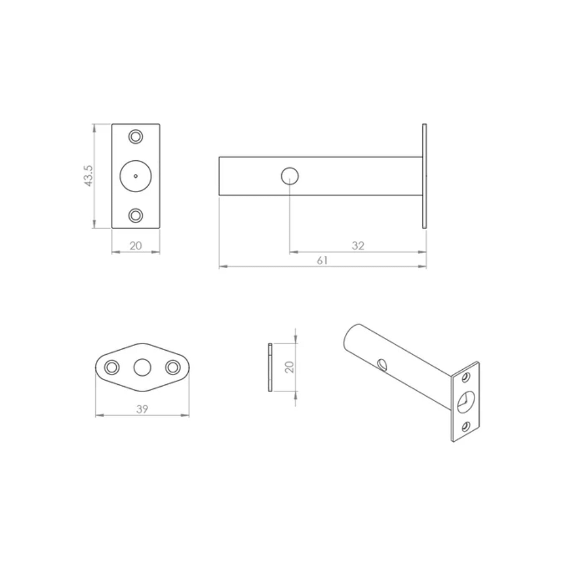 Technical drawing of a Polished Chrome Rack Bolt on a white background.