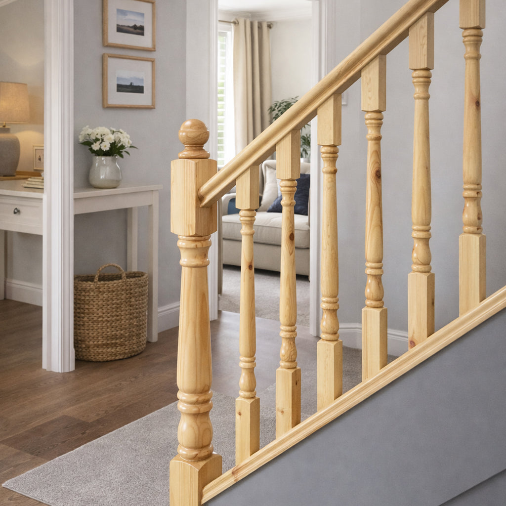 Redwood Pine Standard Spindle Staircase and carpeted steps in a home setting.