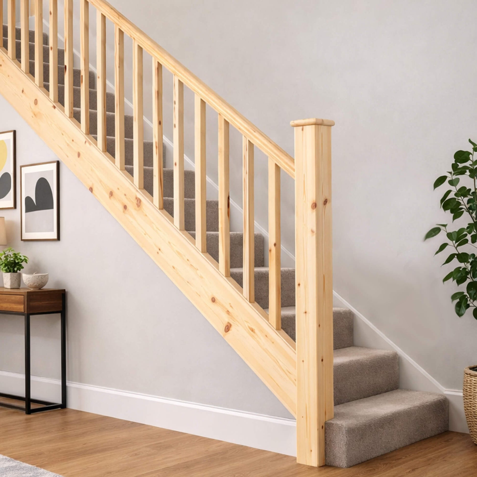 Redwood pine square edge spindle staircase with carpeted steps in a home setting.