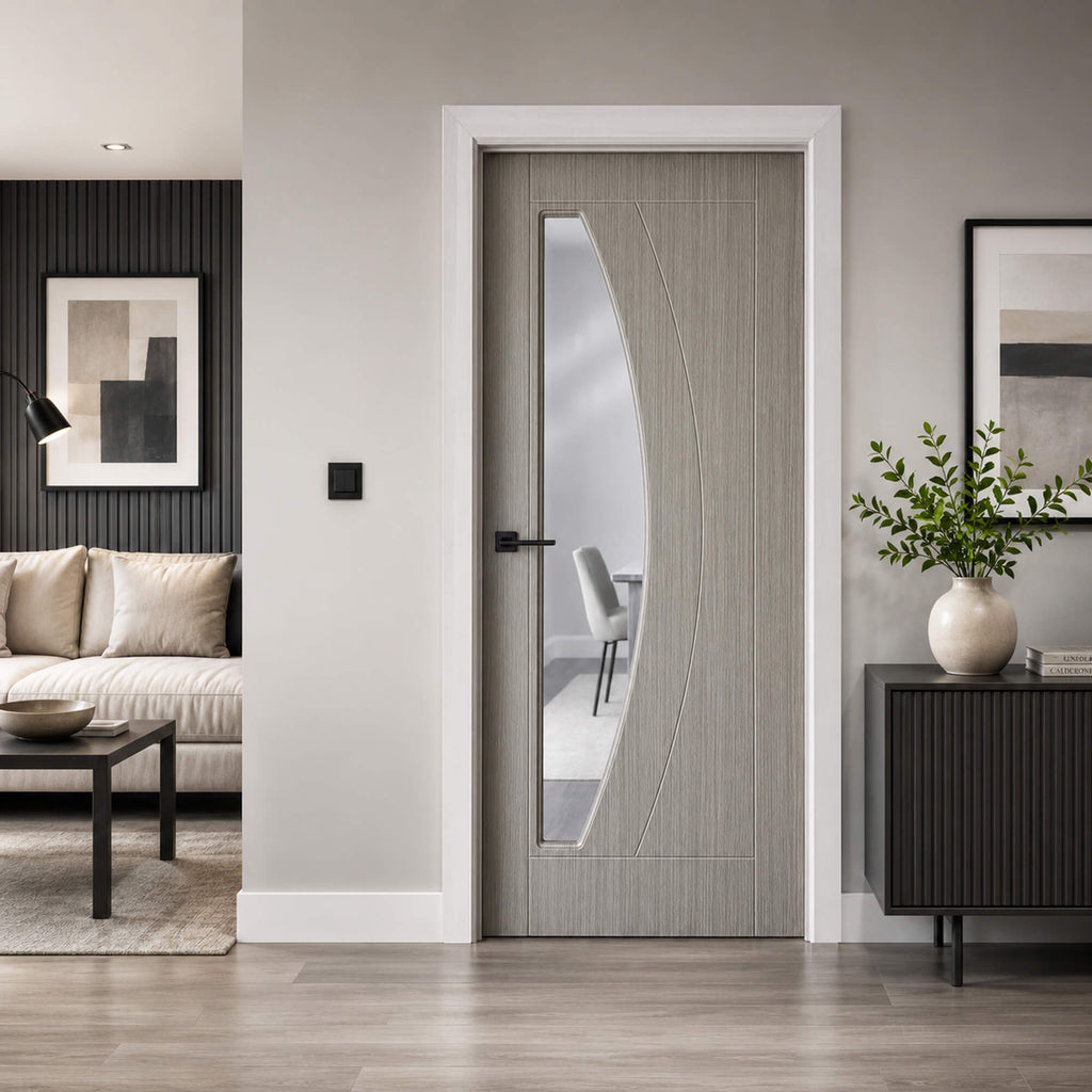 Modern interior design of a living room with a Salerno Nova Grey 1 Lite 35mm laminate pre-glazed door.