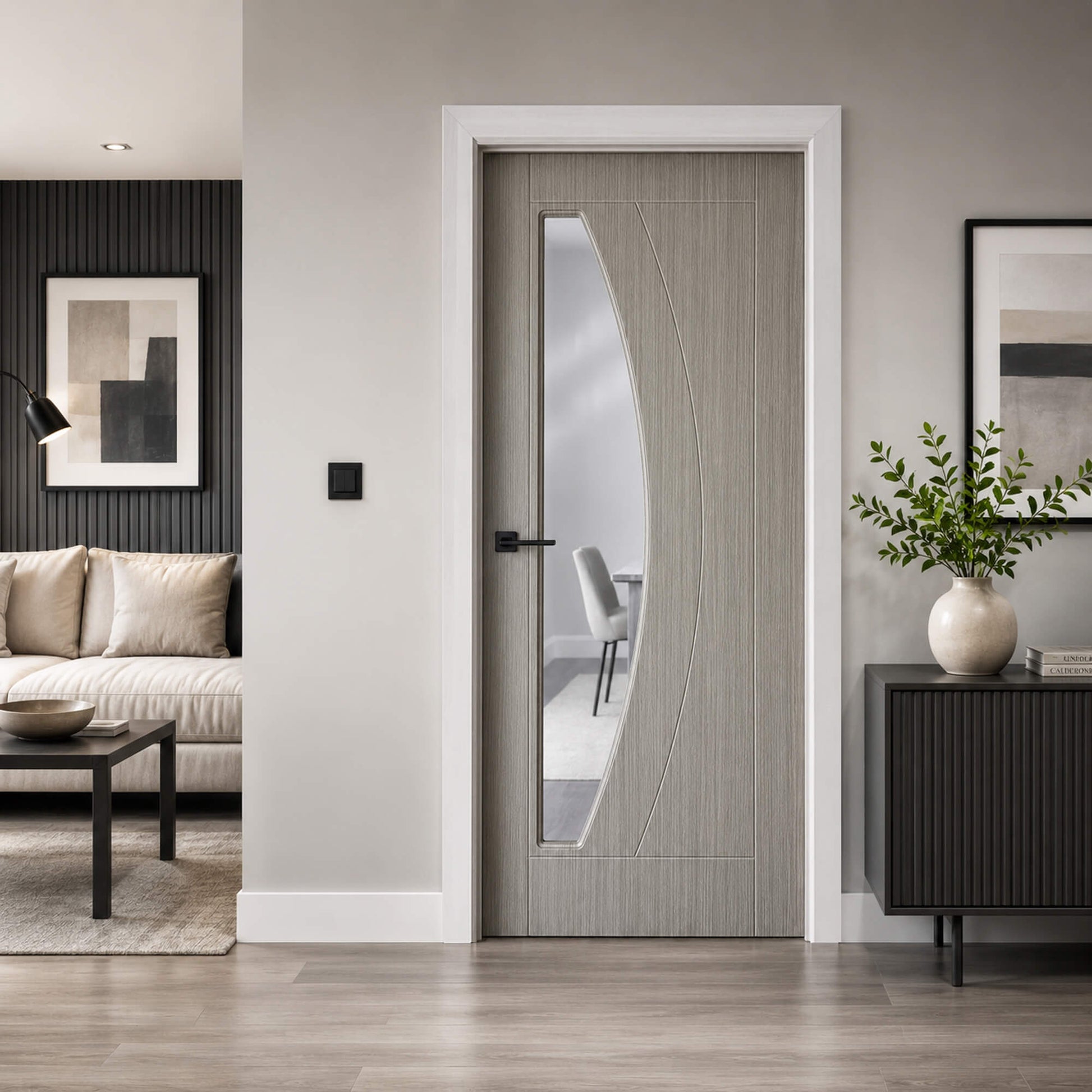 Modern interior design of a living room with a Salerno Nova Grey 1 Lite 35mm laminate pre-glazed door.