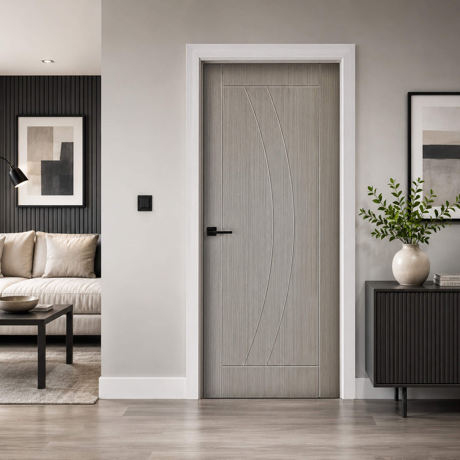 Modern interior with a closed Salerno Nova Grey 1 Lite 35mm  pre-glazed laminate door in a living room setting.