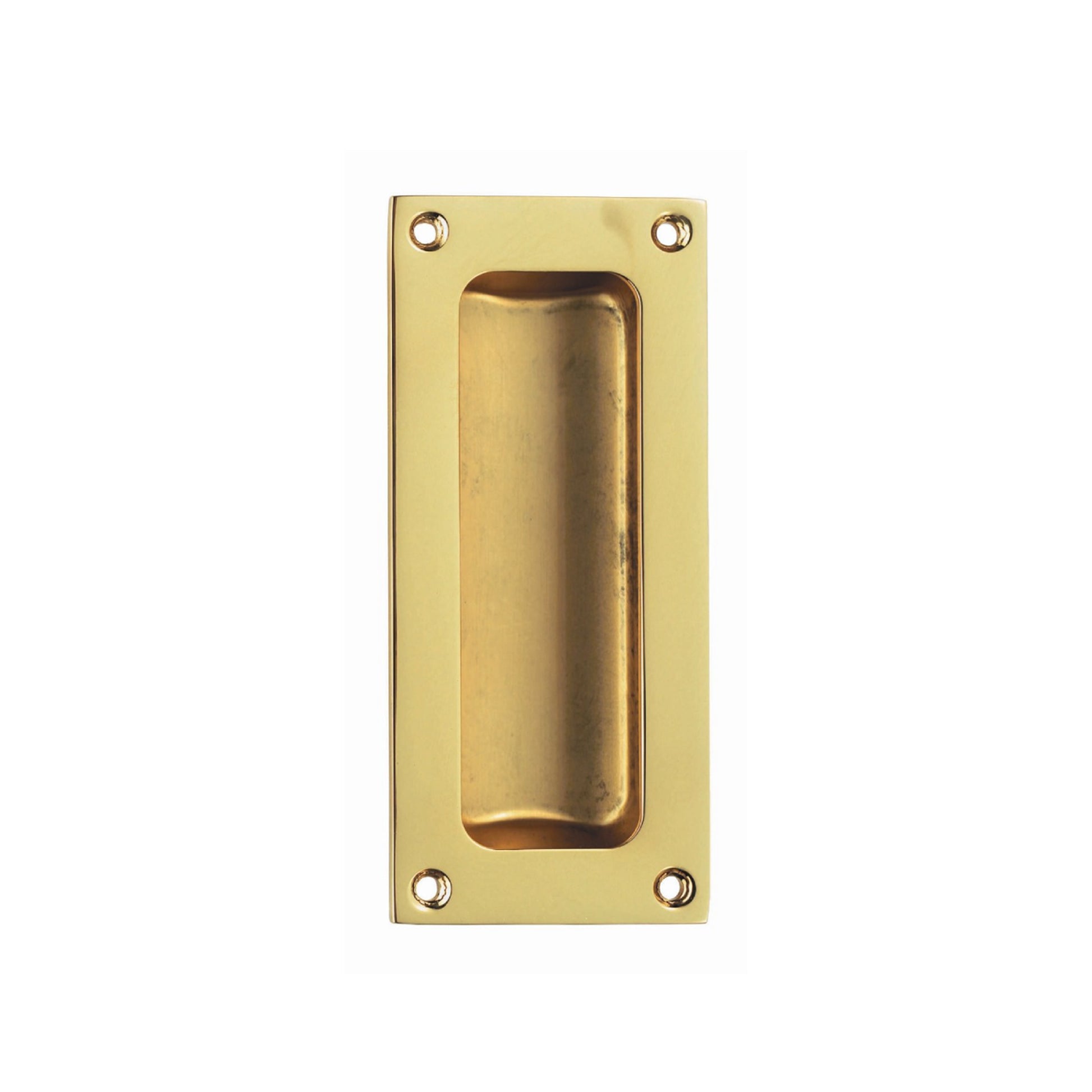 Satin Brass 4" Flush Pull Handle on a white background