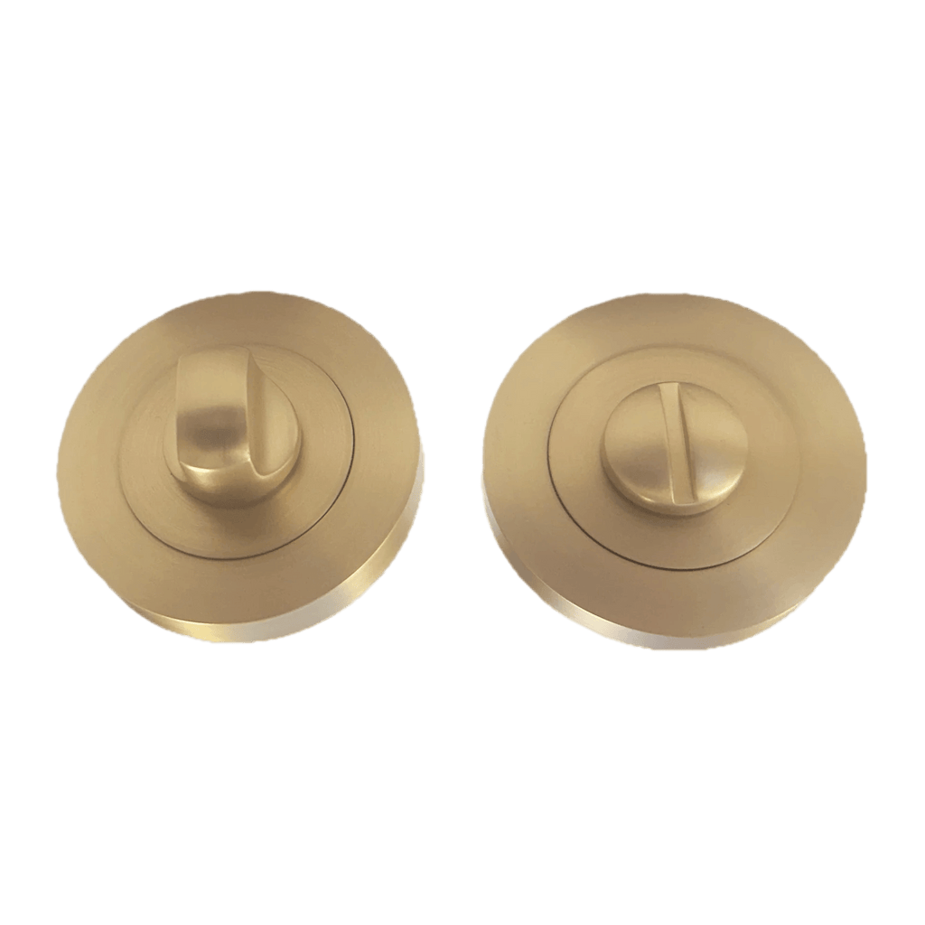 Satin Brass wc thumbturn set for use with satin brass round rose lever handles
