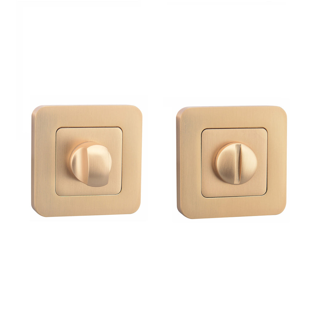 Satin Brass WC Square Thumbturn Set on a white background.