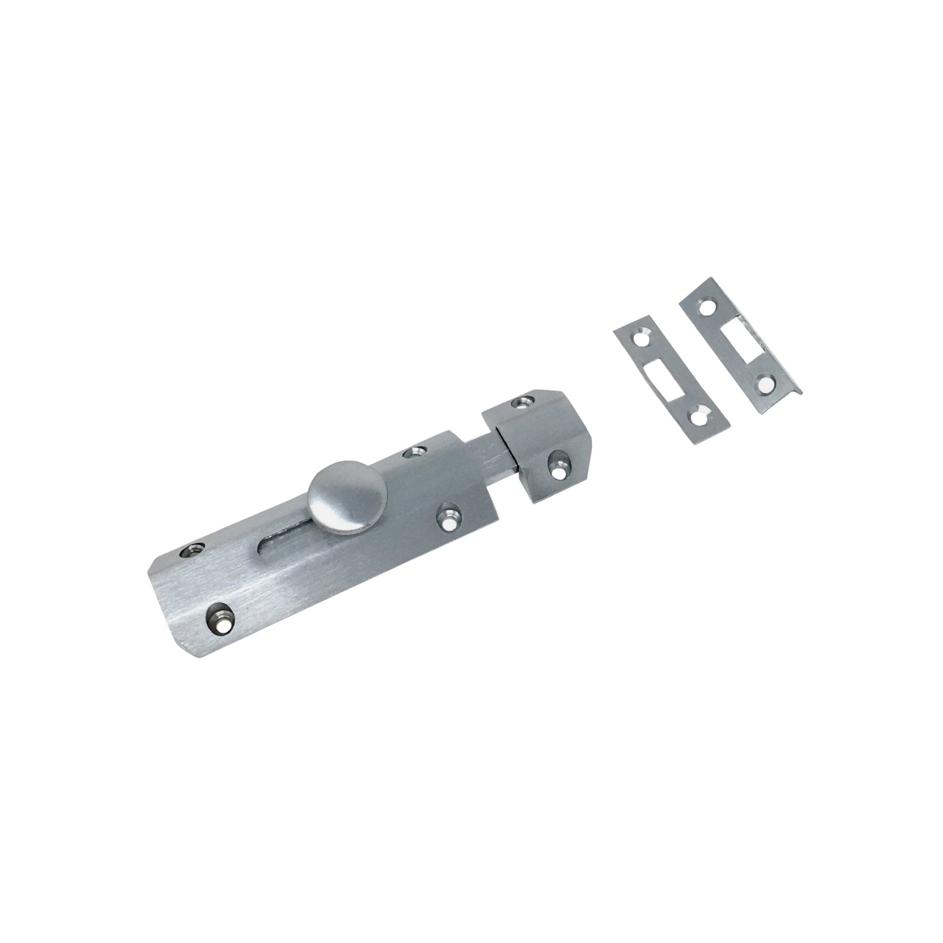 Angled view of a Satin Chrome 4" Surface Bolt on a white background.