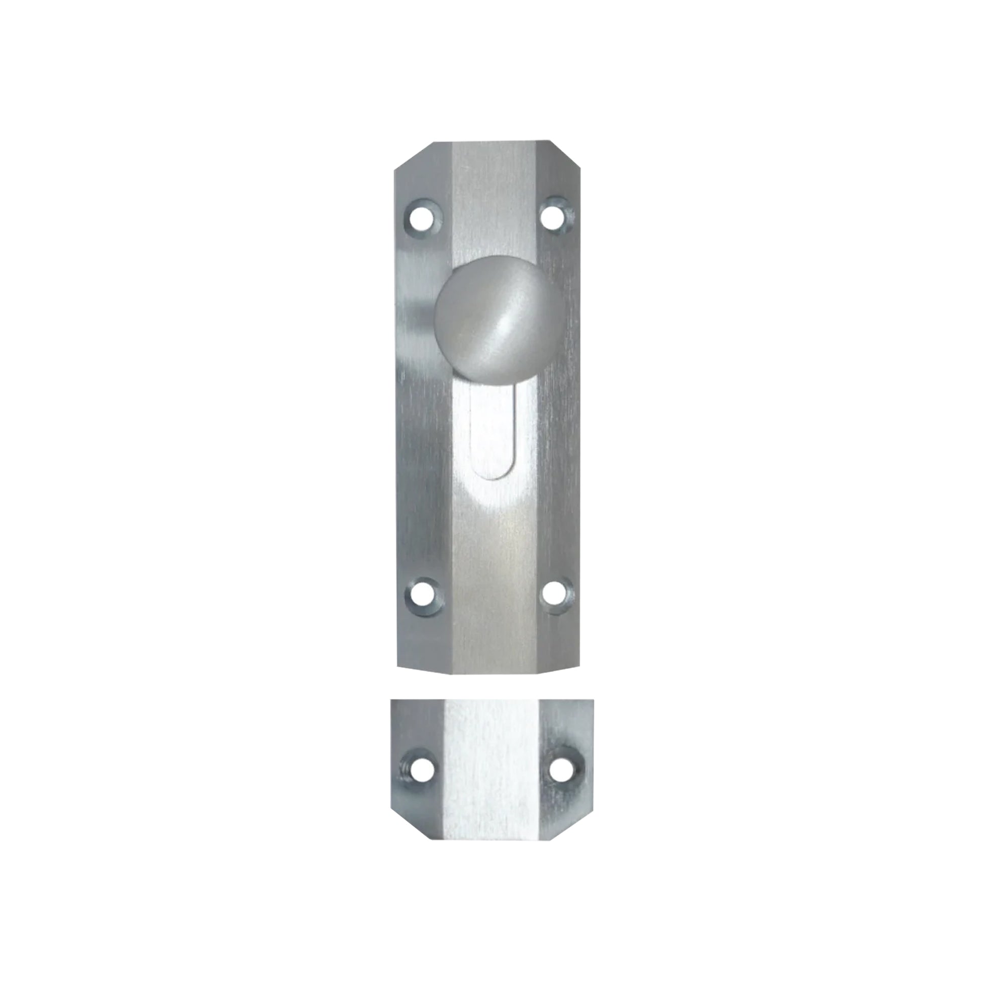 A Satin Chrome 4" Surface Bolt on a white background