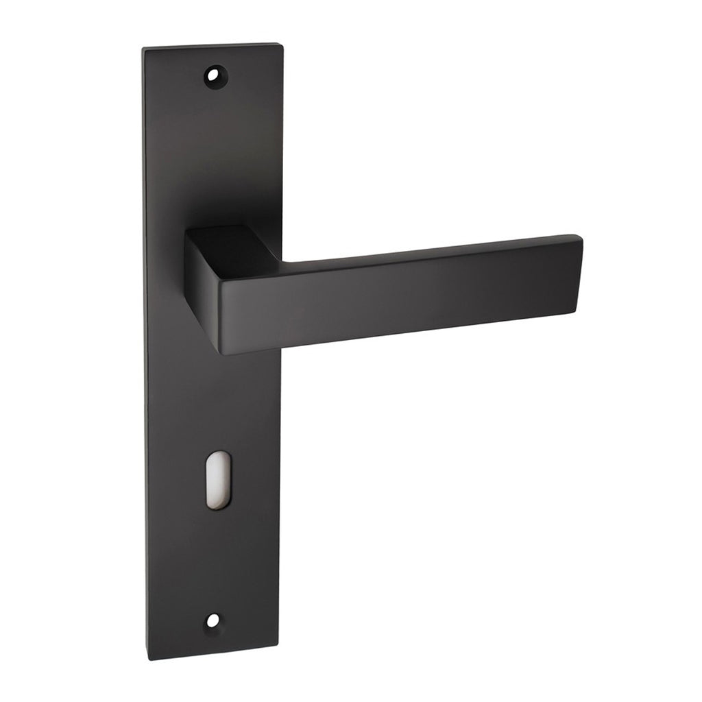 Saturn Flat Black Lock Backplate door handle on a white background