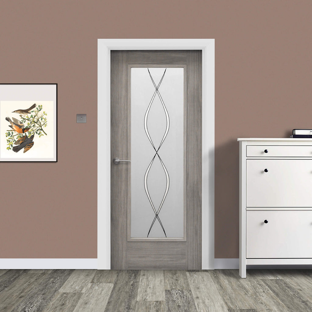 A Shaker Lava Grey 1 Lite Unglazed 40mm Internal Laminate Door, with 4mm DS5 decorative glass inserted and a Storm door handle, in a home interior setting.
