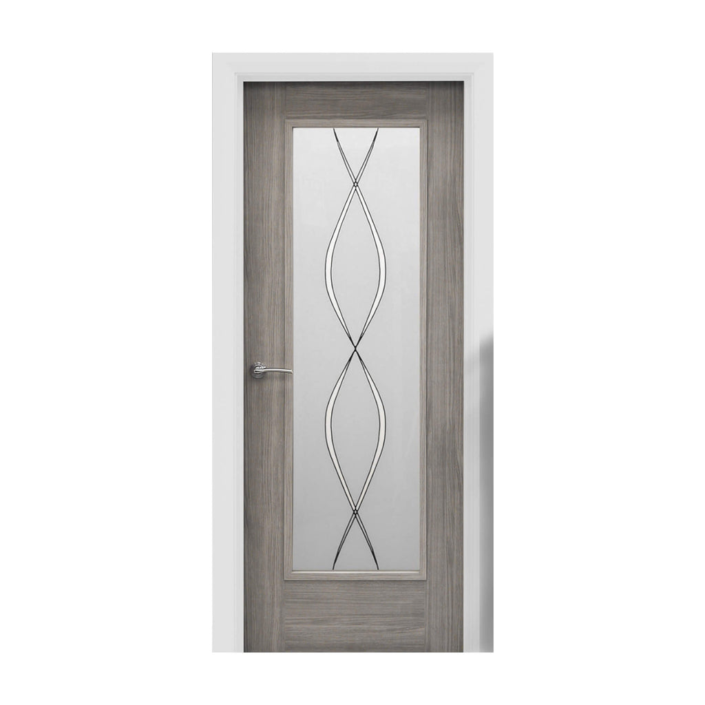 A Shaker Lava Grey 1 Lite Unglazed 40mm Internal Laminate Door, with 4mm DS5 decorative glass inserted and a Storm door handle, on a white background.