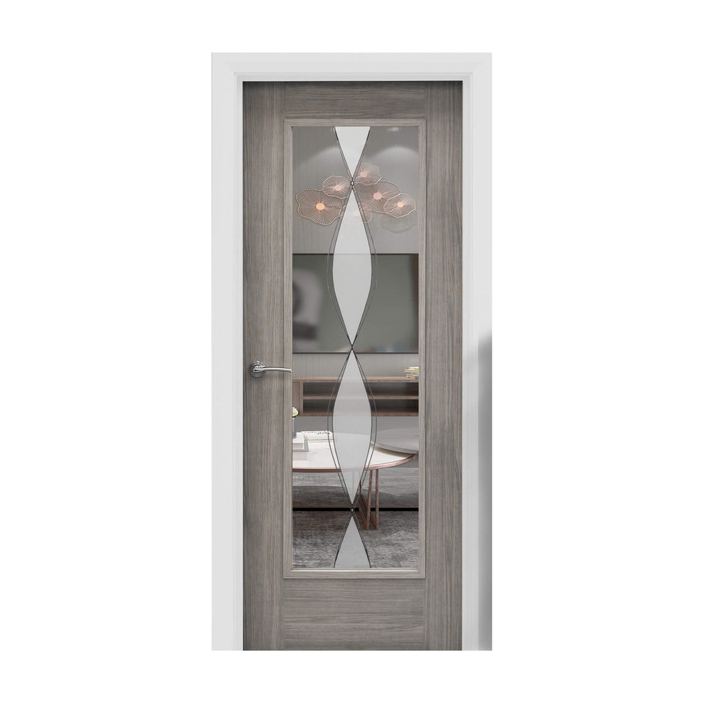 A Shaker Lava Grey 1 Lite Unglazed 40mm Internal Laminate Door, with 4mm DS6 decorative glass inserted and a Storm door handle, on a white background.